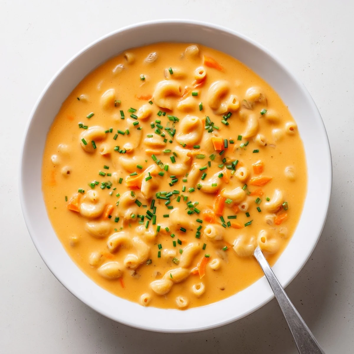 Comforting homemade mac and cheese soup featuring elbow pasta in a silky smooth orange cheese sauce
