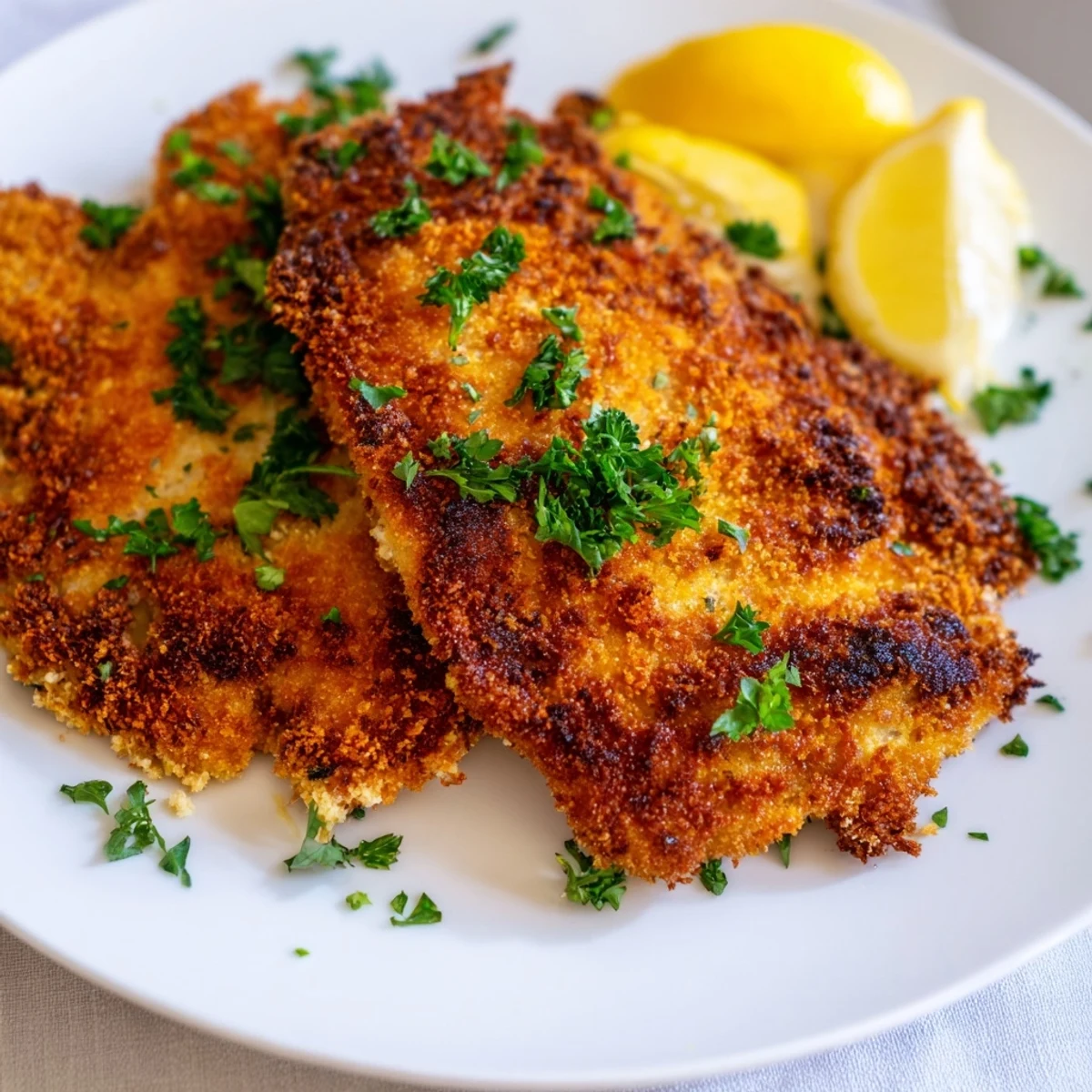 Tender breaded beef Milanese fried until golden brown with a crunchy panko and Parmesan coating