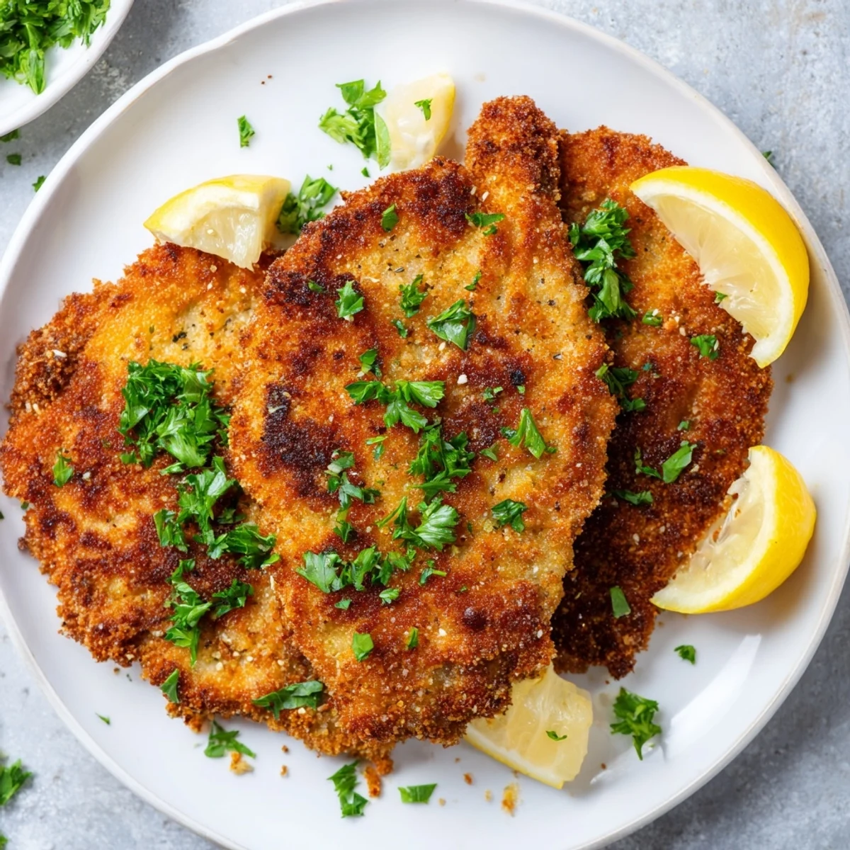 Golden crispy beef escalope Milanese plated with fresh parsley garnish and bright lemon wedges