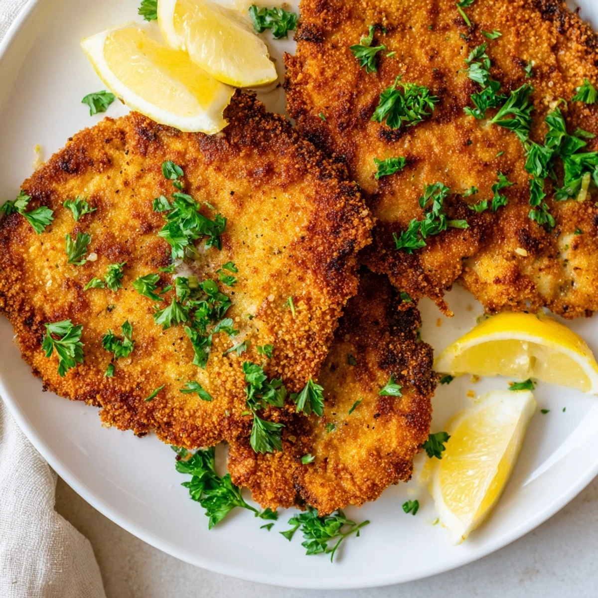 Classic Italian-style beef escalope with crispy breadcrumb crust served alongside fresh lemon for squeezing