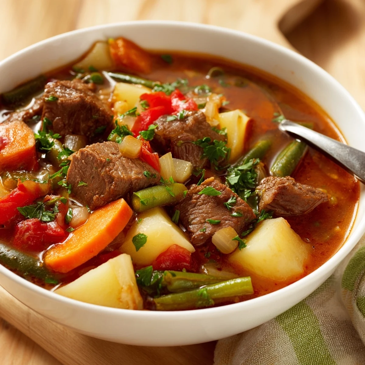 Rustic bowl of hearty Braised Vegetable Beef Soup featuring tender beef chunks and colorful garden vegetables in rich broth