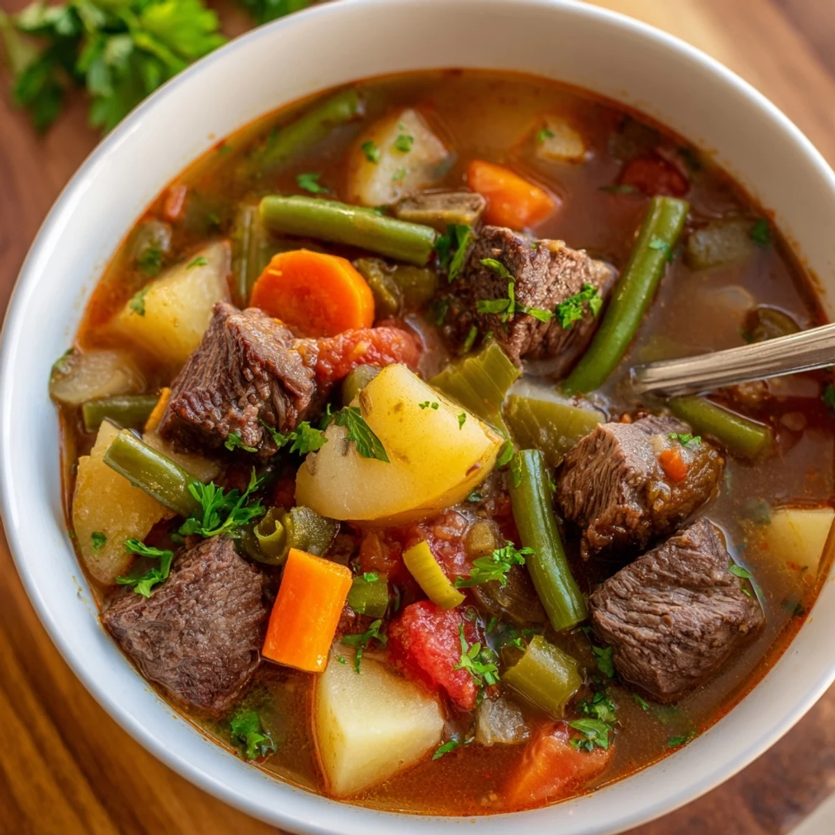 Steaming crock of gluten-free Braised Vegetable Beef Soup loaded with potatoes, carrots, green beans, and succulent braised beef