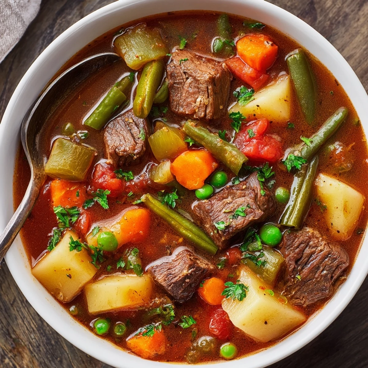 Comforting Braised Vegetable Beef Soup served in deep bowls with fresh parsley garnish alongside crusty bread for dipping