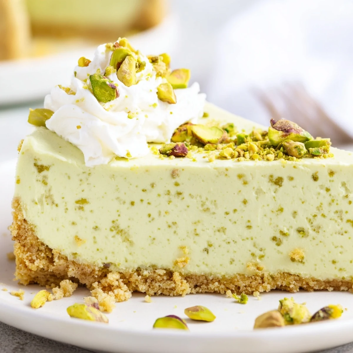 Creamy pistachio cheesecake topped with whipped cream and crushed nuts on a white serving plate