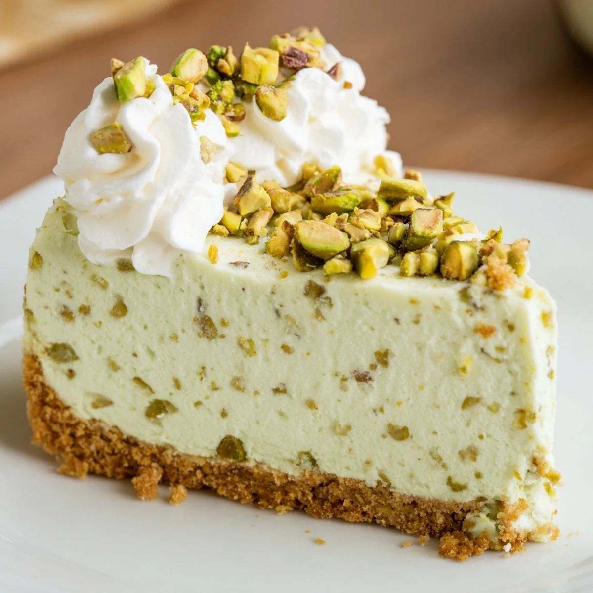 Golden slice of pistachio cheesecake with green-flecked cream filling on buttery graham cracker crust