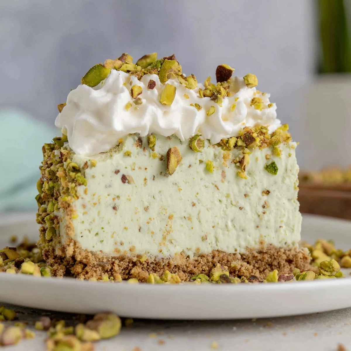 Homemade pistachio cheesecake showing cross-section of velvety green filling and crunchy nut crust layer