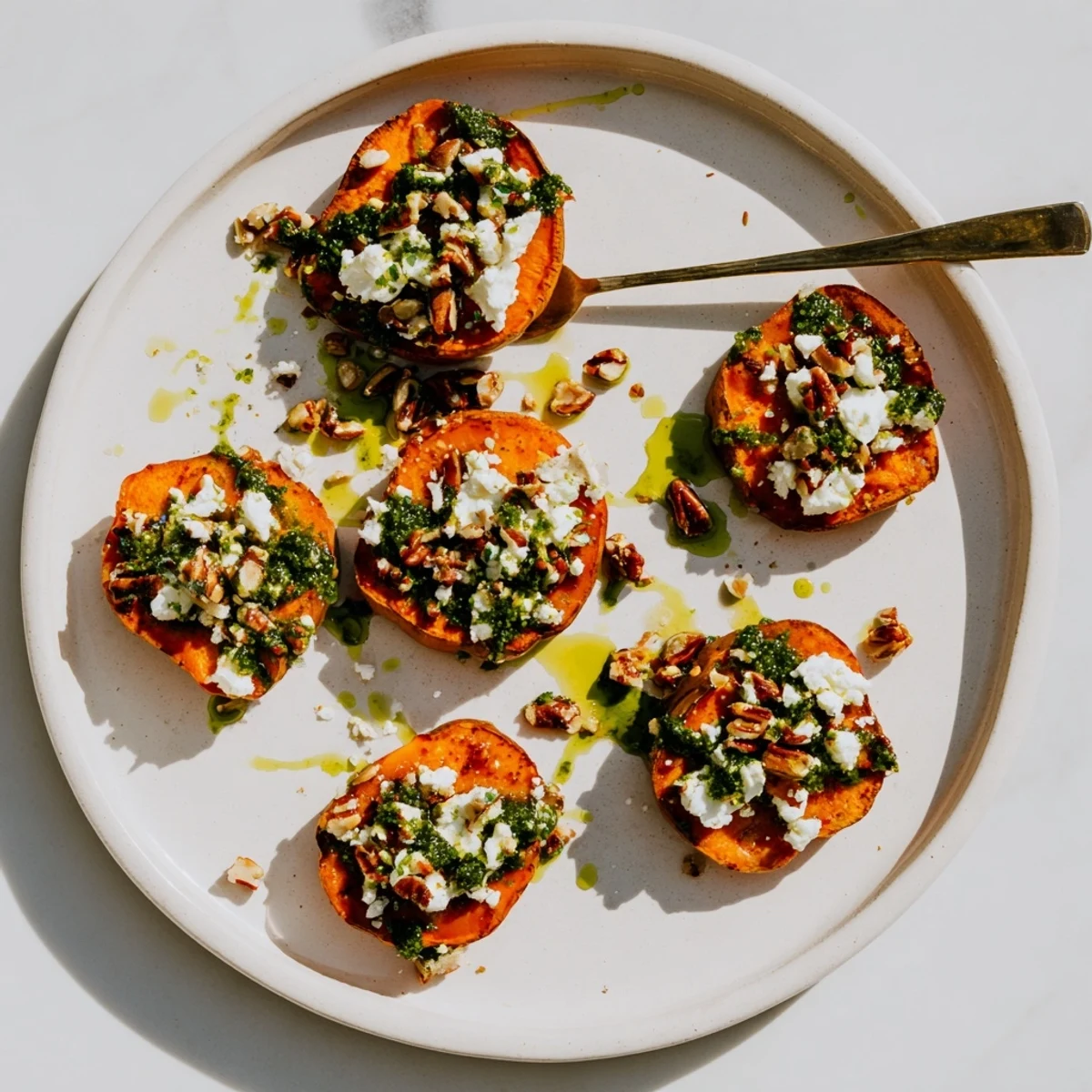Golden roasted sweet potato rounds topped with crumbled feta cheese and sweet honey drizzle for this honey feta sweet potato crostini with herb drizzle recipe