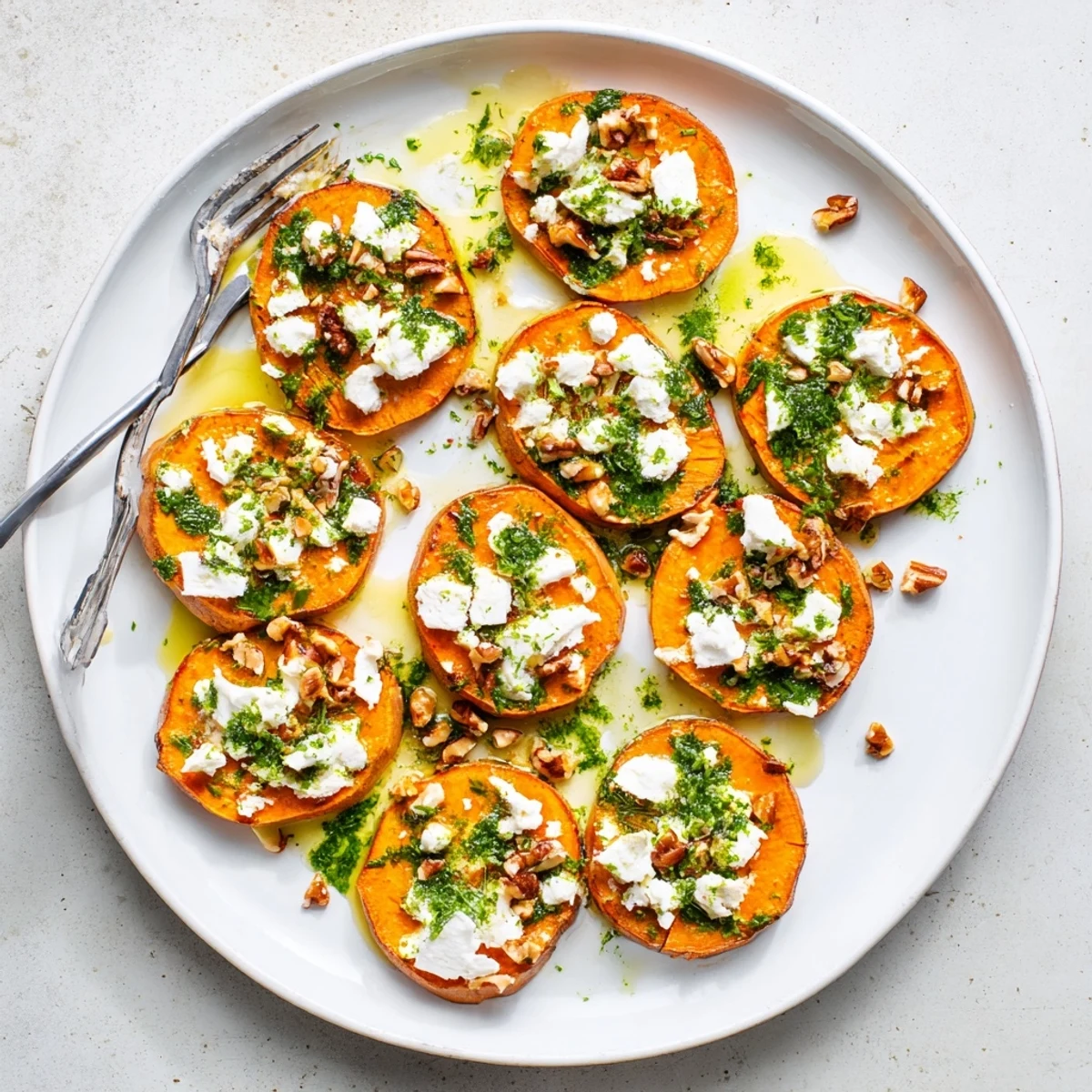 Colorful appetizer plate featuring honey feta sweet potato crostini with herb drizzle recipe arranged on serving platter with vibrant green herb sauce