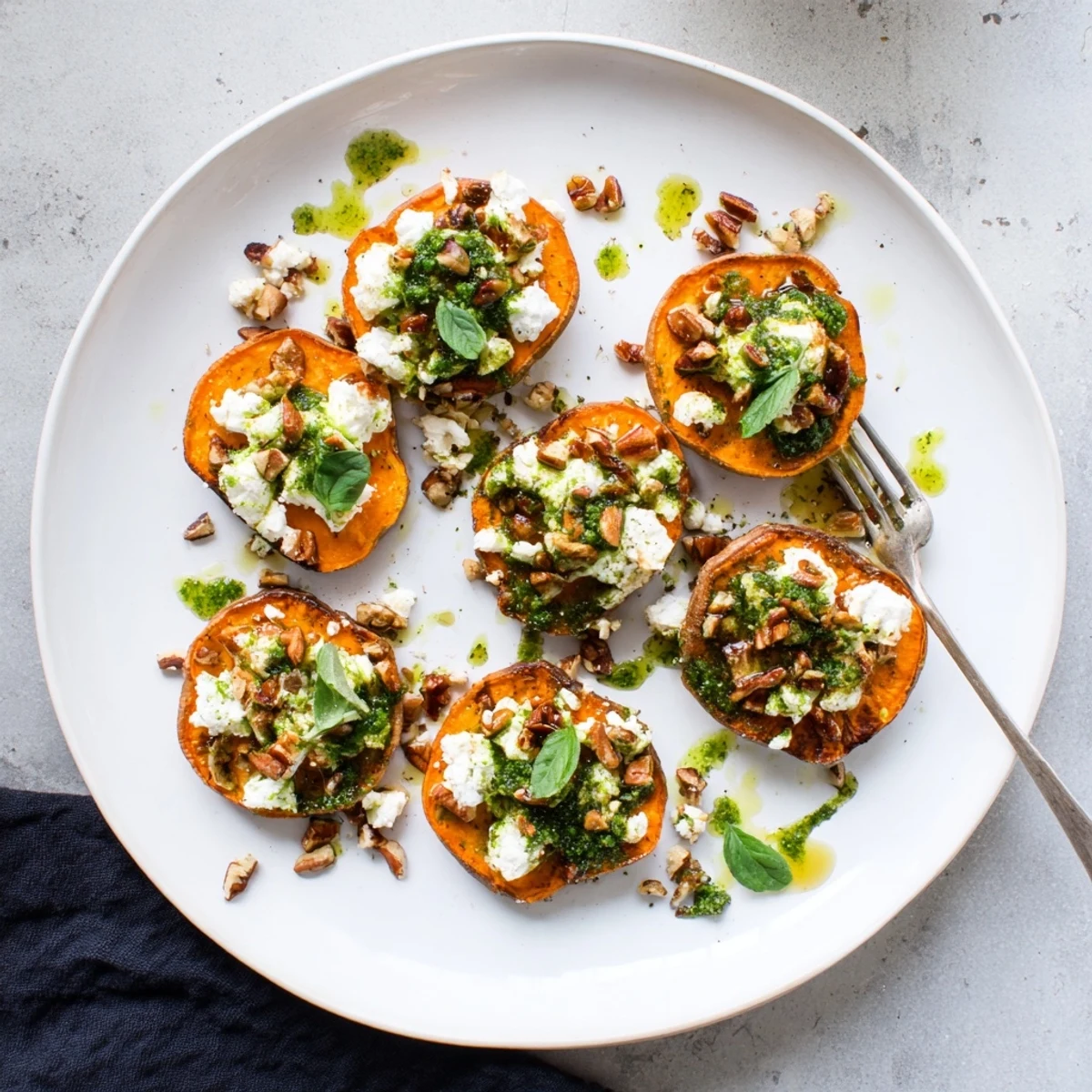 Close-up of Mediterranean inspired honey feta sweet potato crostini with herb drizzle recipe showing creamy feta and roasted sweet potato textures