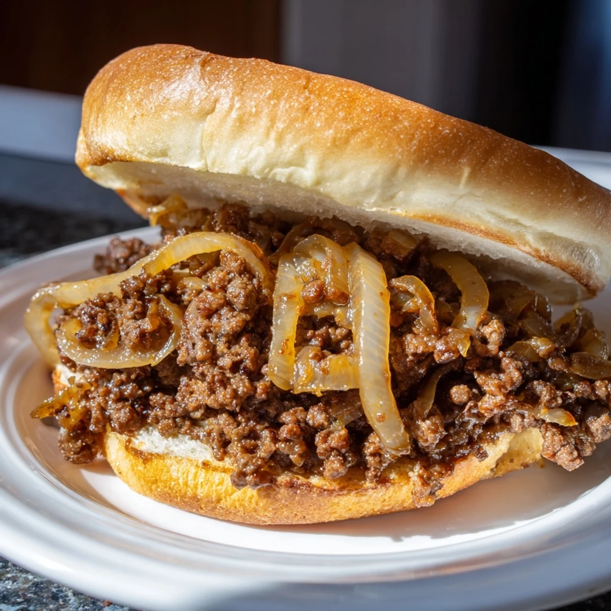 Golden caramelized onions and ground beef piled high on toasted buns with melted provolone cheese in these French onion beef sloppy joes