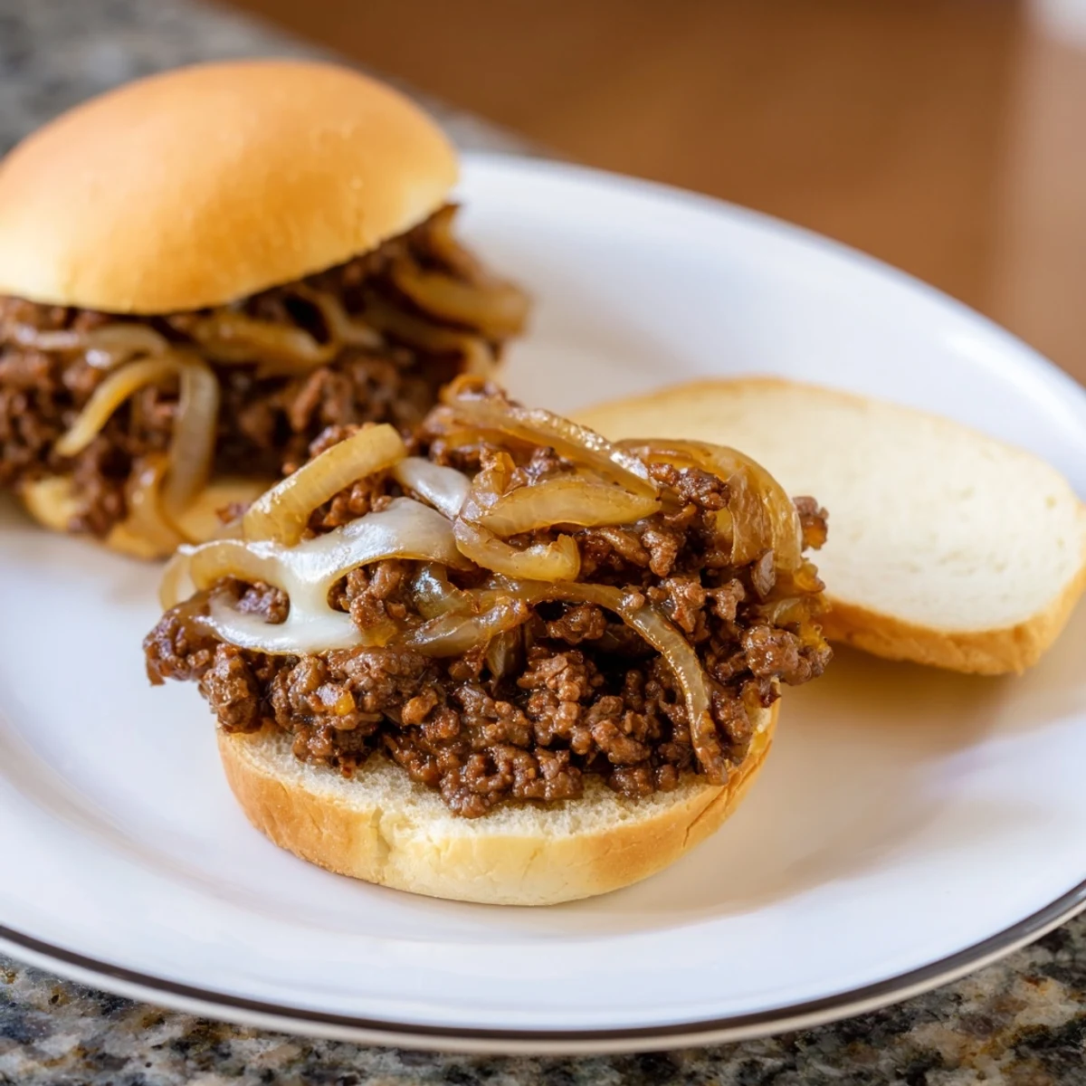 Savory French onion beef sloppy joes featuring tender beef mixture bubbling with Swiss cheese atop soft hamburger buns