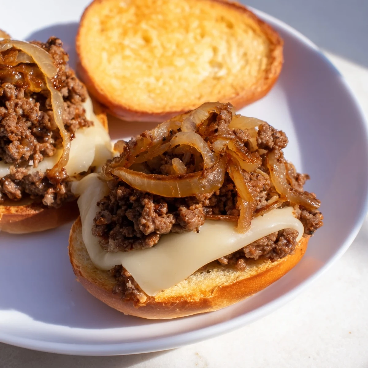 Hearty French onion beef sloppy joes sandwich showcasing rich beef and onion filling with gooey melted cheese on golden bun