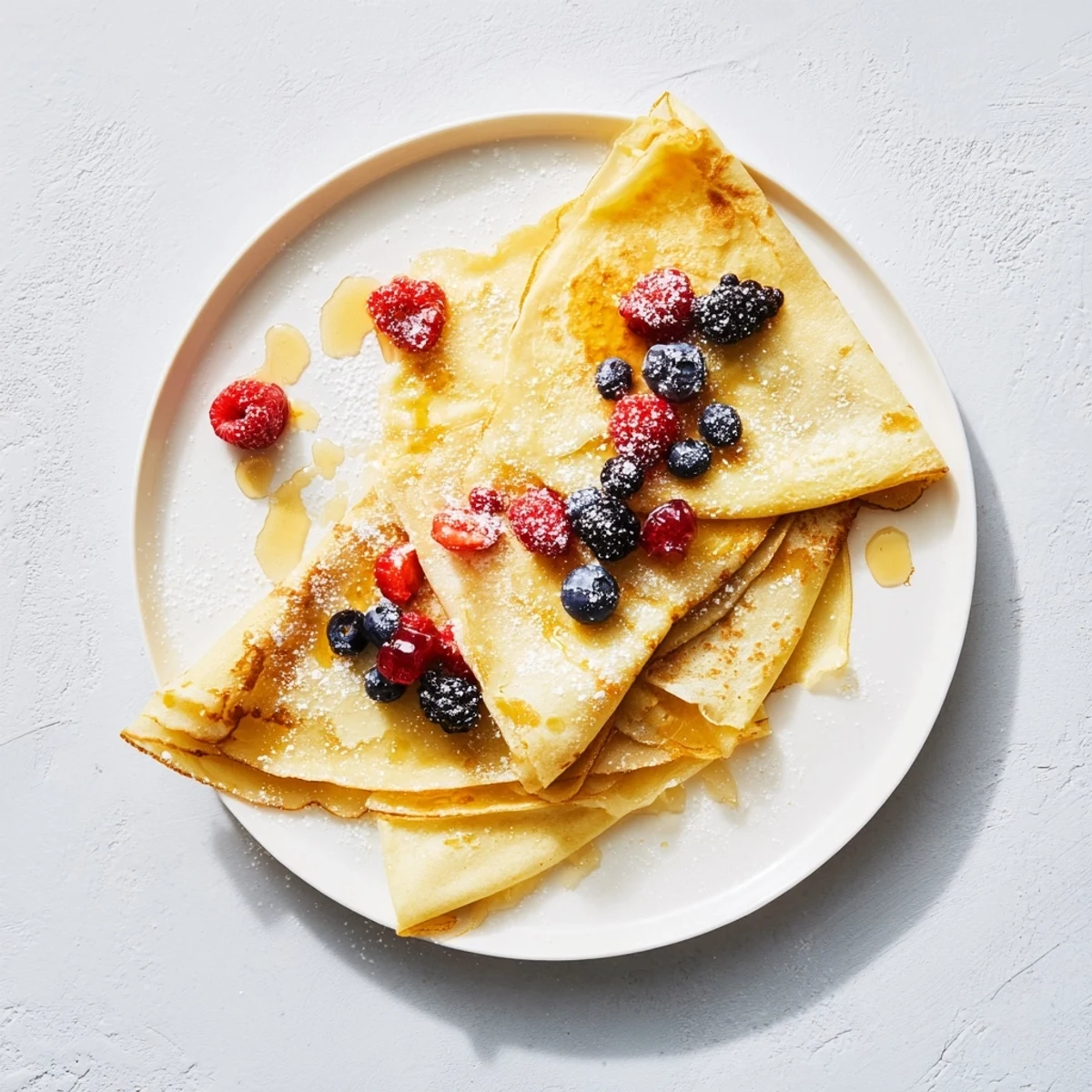 Golden honey cascades over delicate French crepes stacked on a white plate