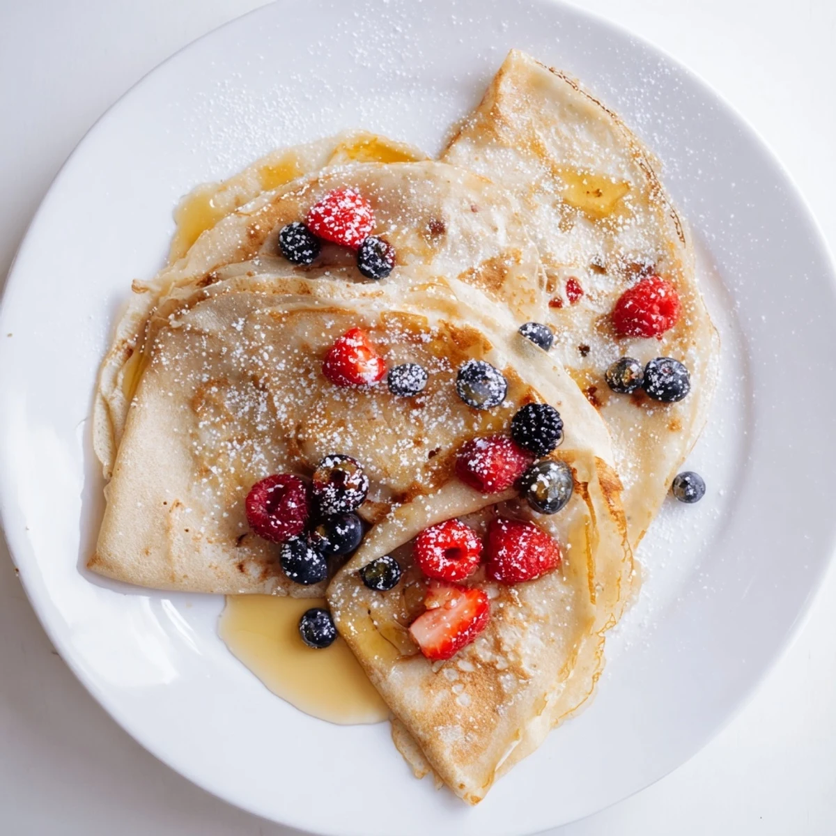 Soft golden crepes glistening with honey topping ready for brunch or dessert
