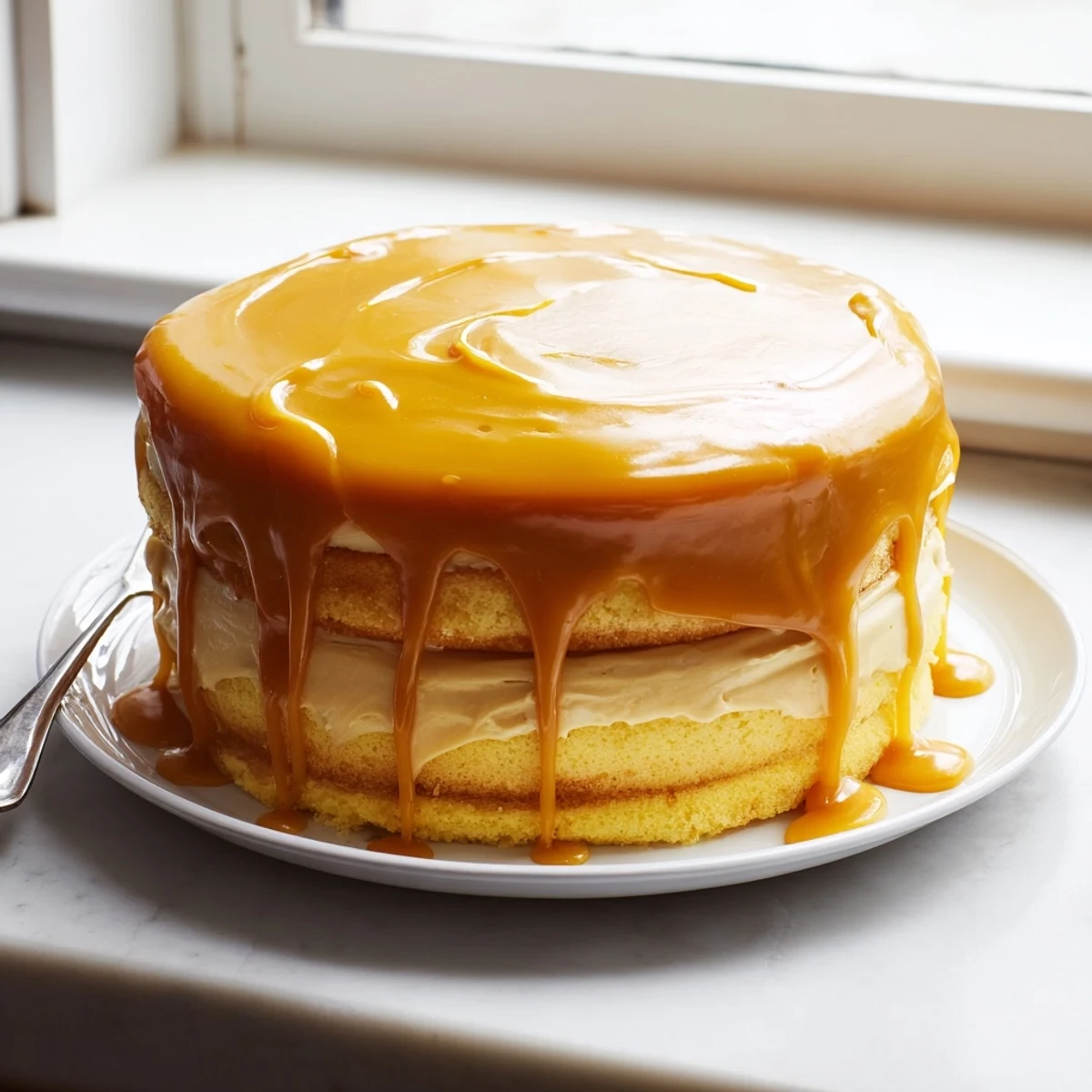 Golden caramel drizzle cascades down the sides of this rich Decadent Caramel Cake with glossy layers