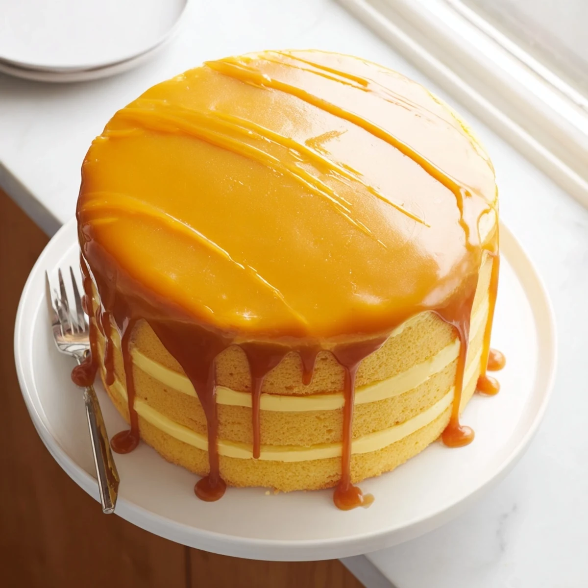 Decadent Caramel Cake showcasing thick caramel frosting and amber sauce topping a tall layered dessert