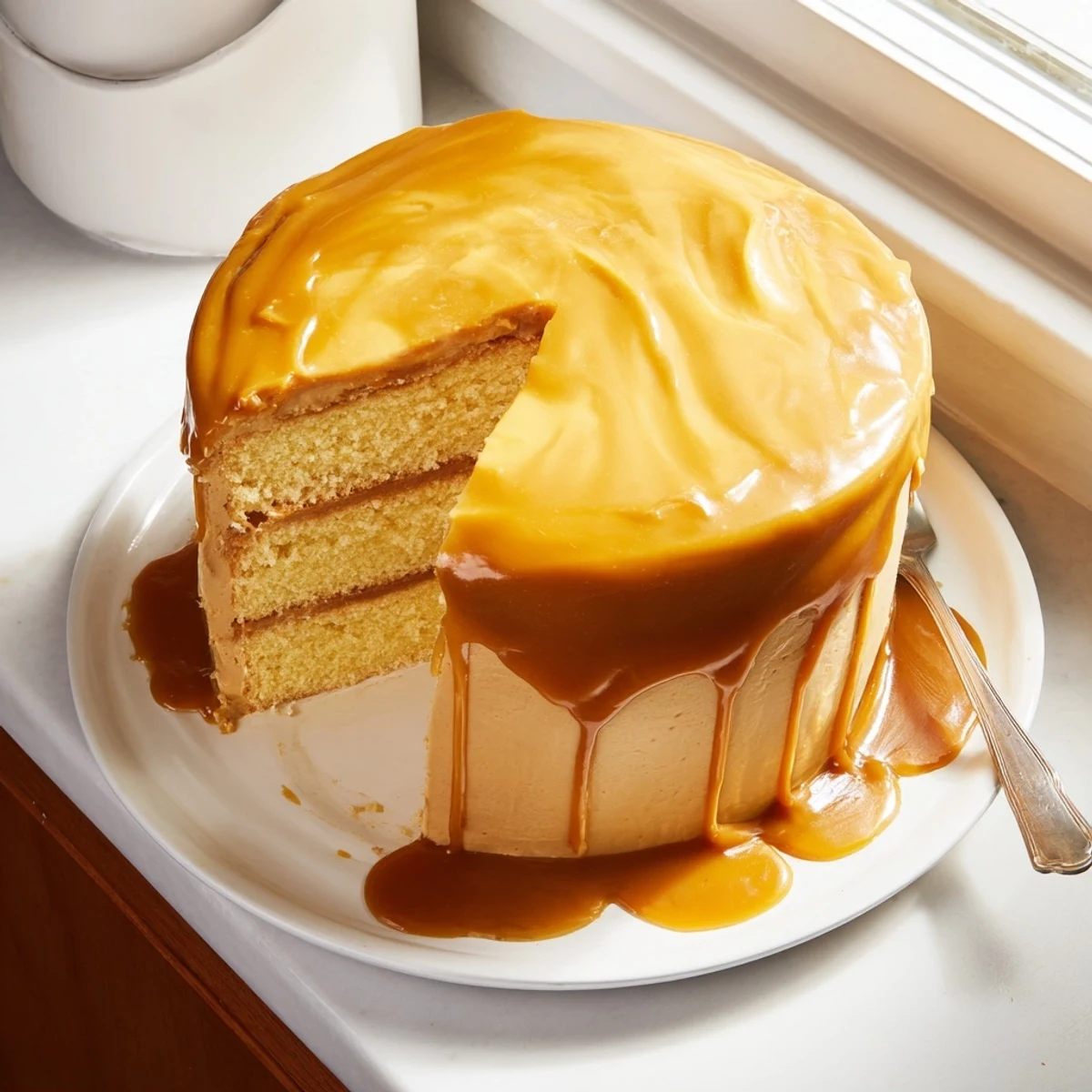 Slice of Decadent Caramel Cake revealing buttery crumbs and silky caramel buttercream frosting between golden layers
