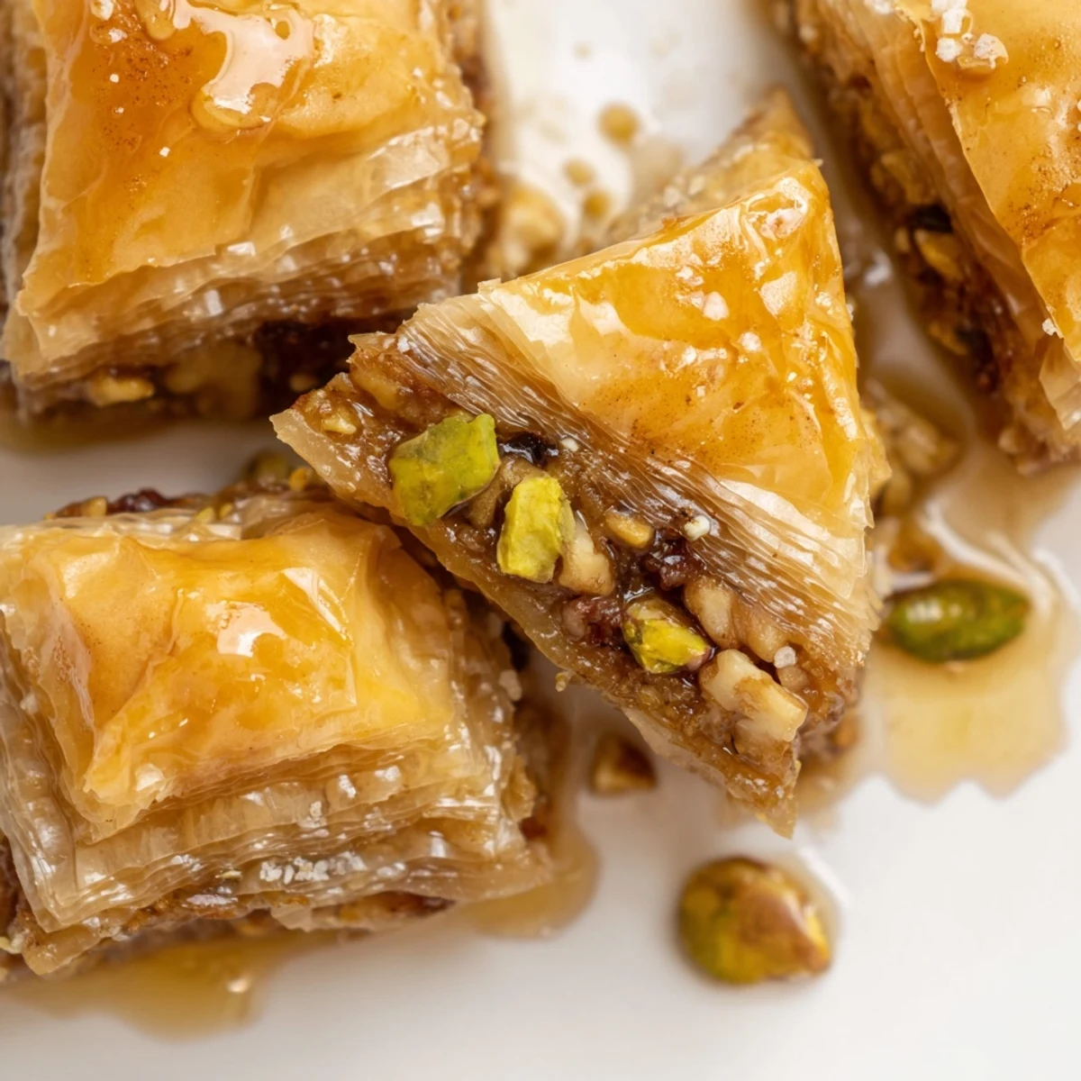 Golden baklava dessert with layers of flaky phyllo pastry, chopped walnuts, pistachios, almonds, and sweet honey syrup drizzled over the crispy diamond-shaped pieces