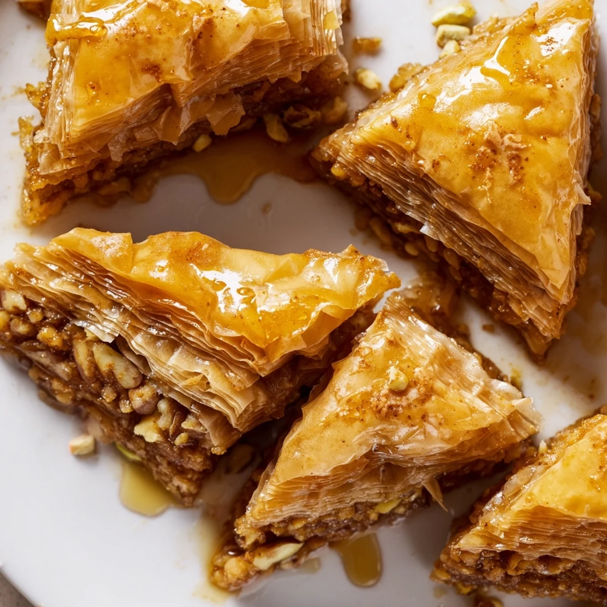 Traditional Middle Eastern baklava arranged on a serving platter, displaying perfectly golden edges and a sticky candied texture from the aromatic honey sugar syrup