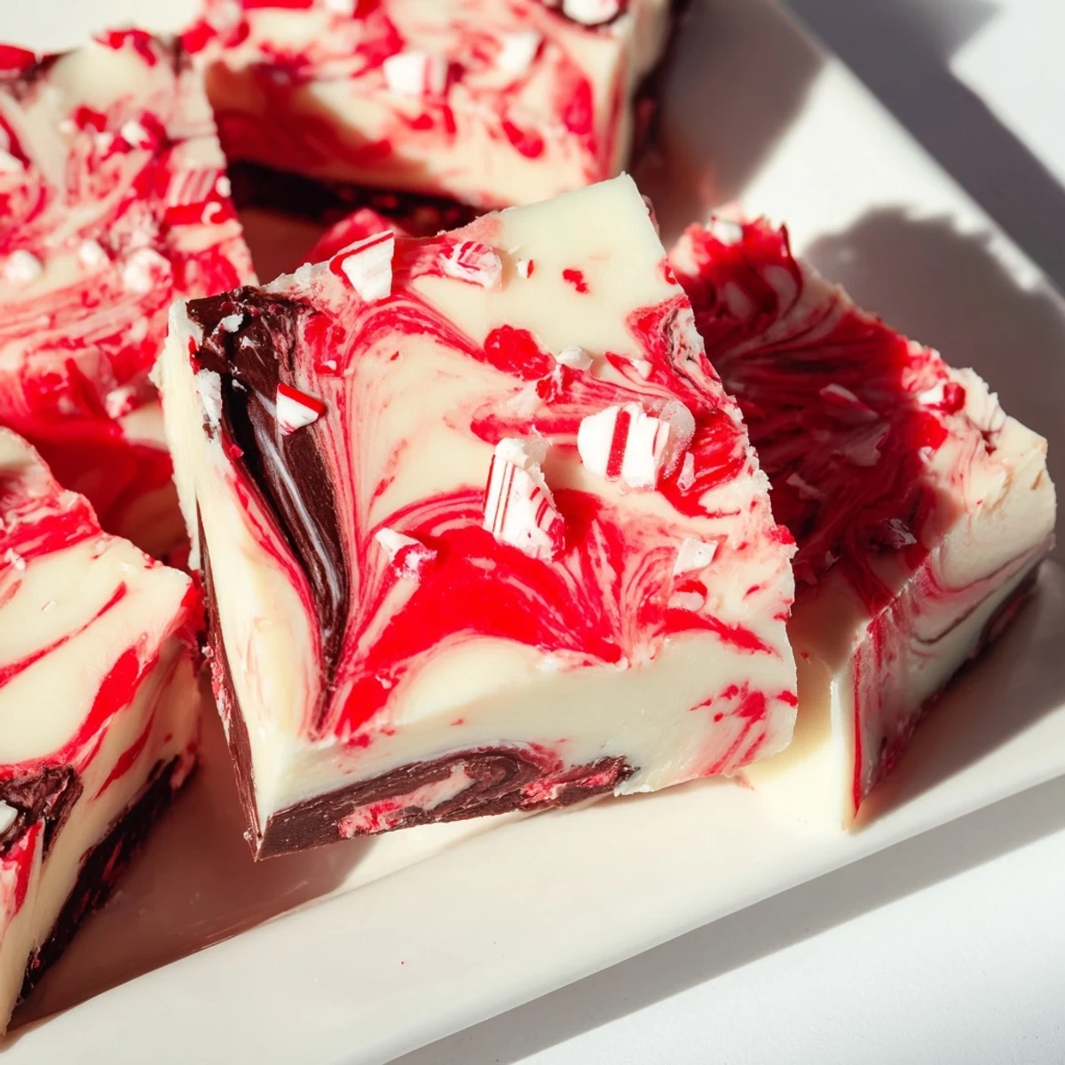 Rich white and dark chocolate peppermint swirl fudge squares arranged on a festive serving tray