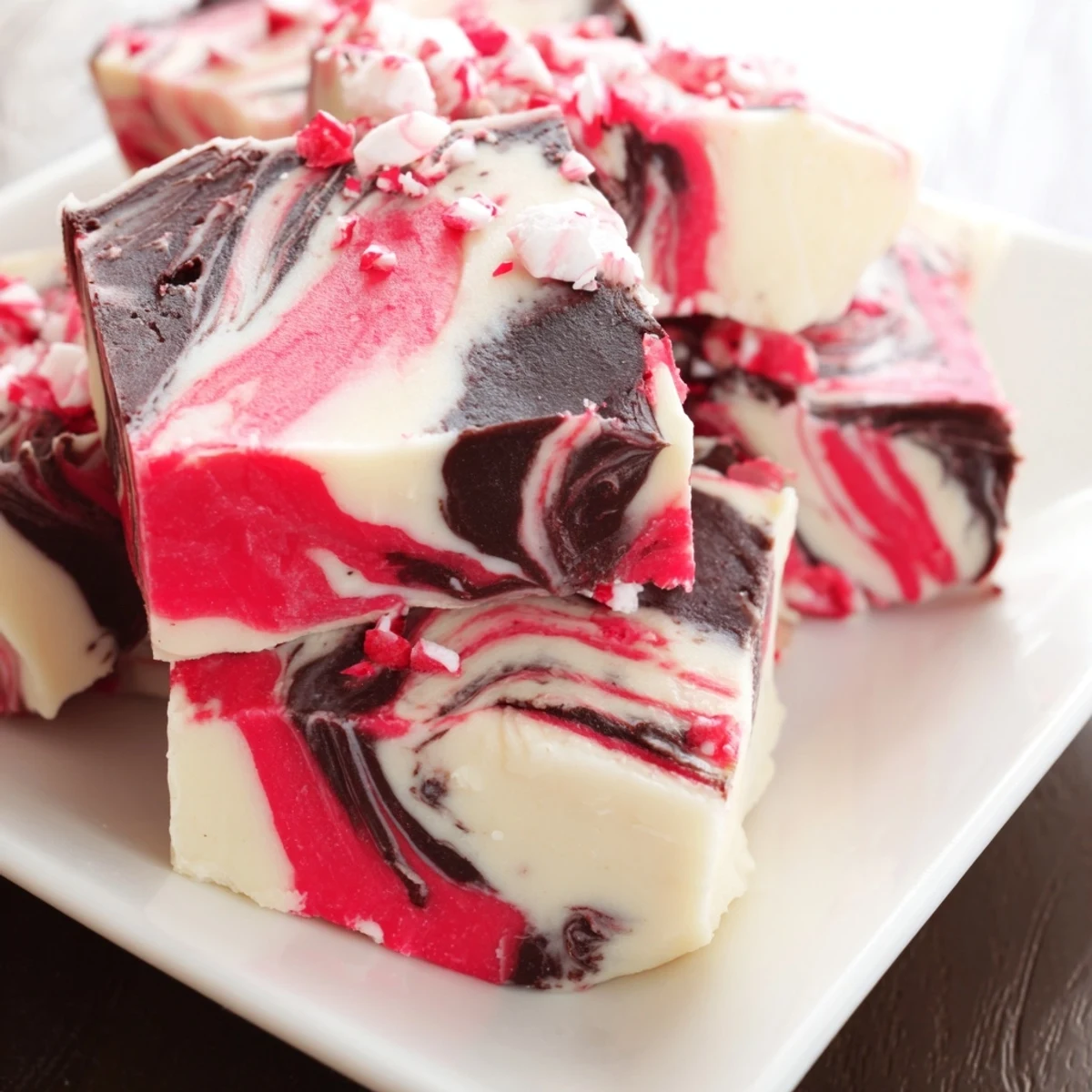 Creamy homemade peppermint swirl fudge topped with crushed candy canes on a white plate