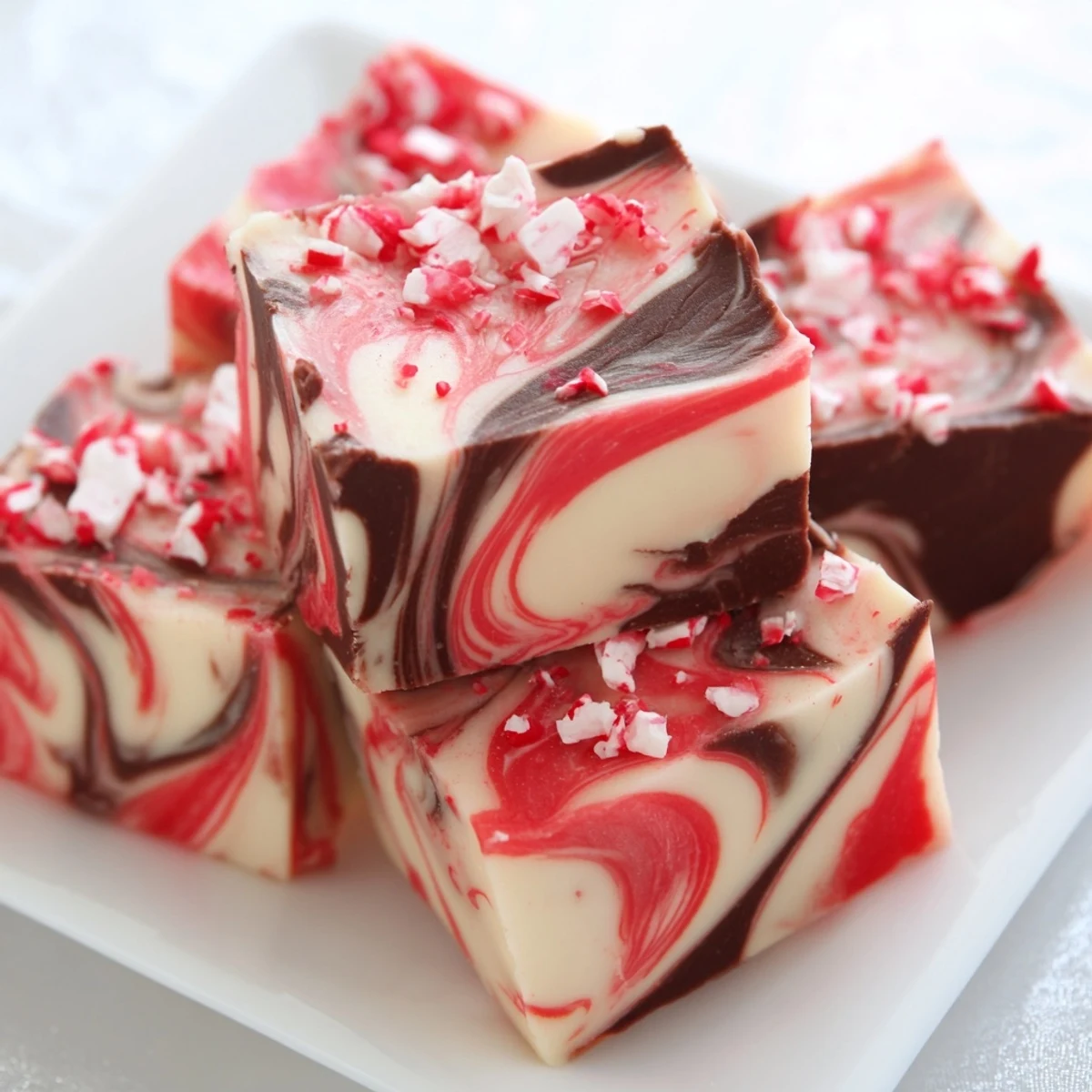 Marbled peppermint fudge pieces garnished with red and white peppermint candy sprinkles