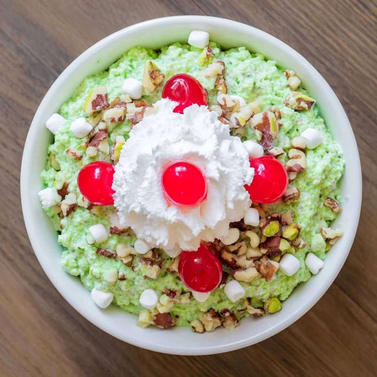 Vintage Watergate Salad recipe in a glass bowl topped with maraschino cherries and chopped walnuts for serving