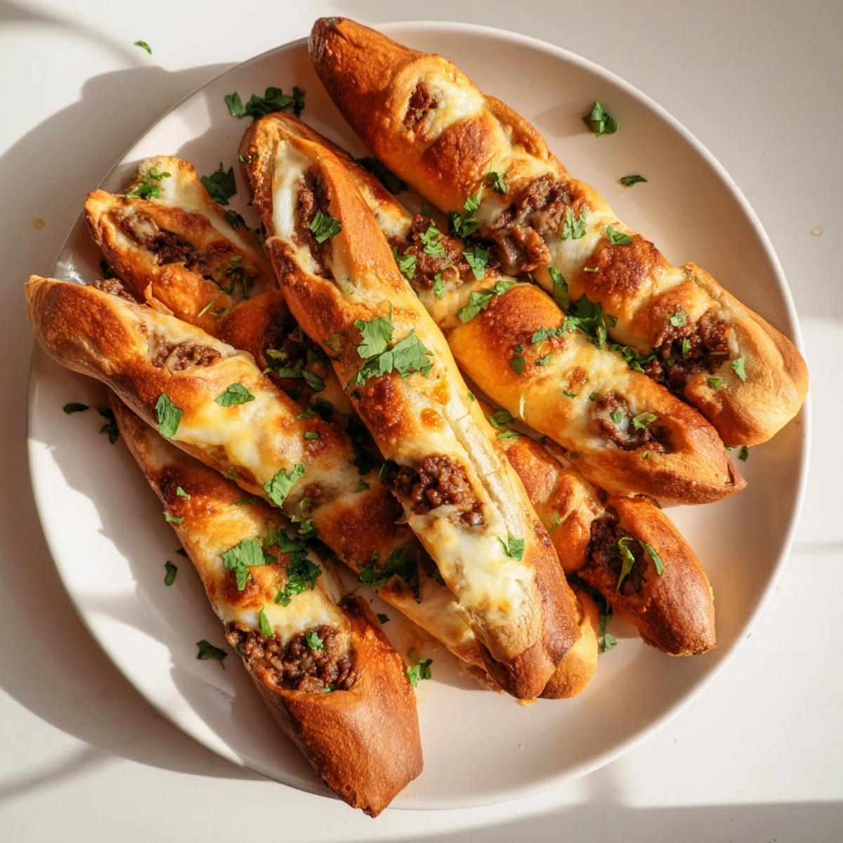 Golden baked cheesy taco sticks stuffed with seasoned beef and melted cheese