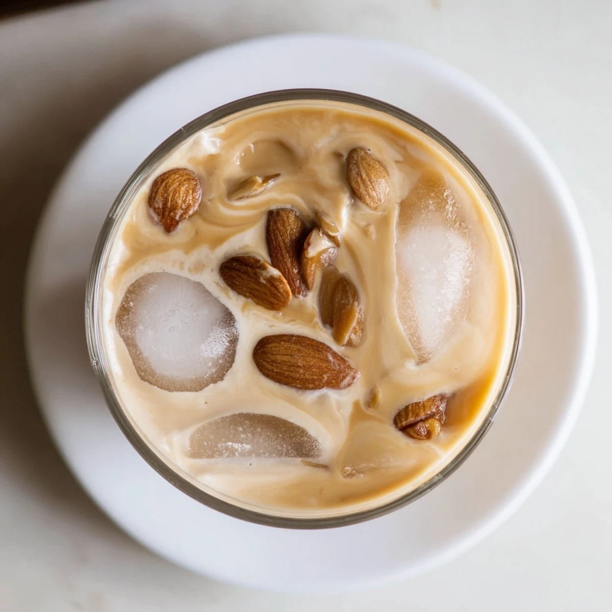 Chilled glass of refreshing summer roasted almond milk drink with cream topped with ice