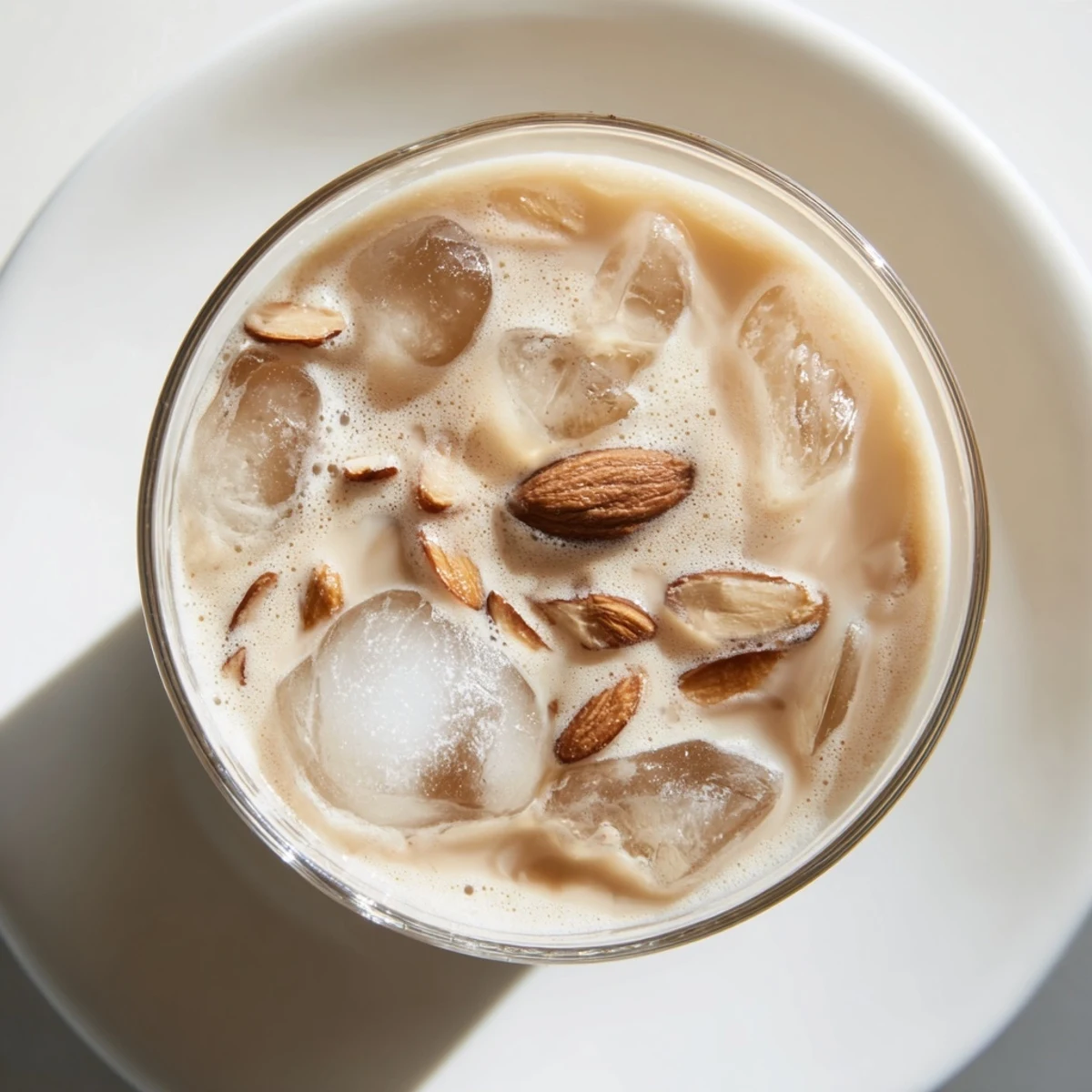 Creamy roasted almond milk beverage served over ice in a tall clear glass for summer