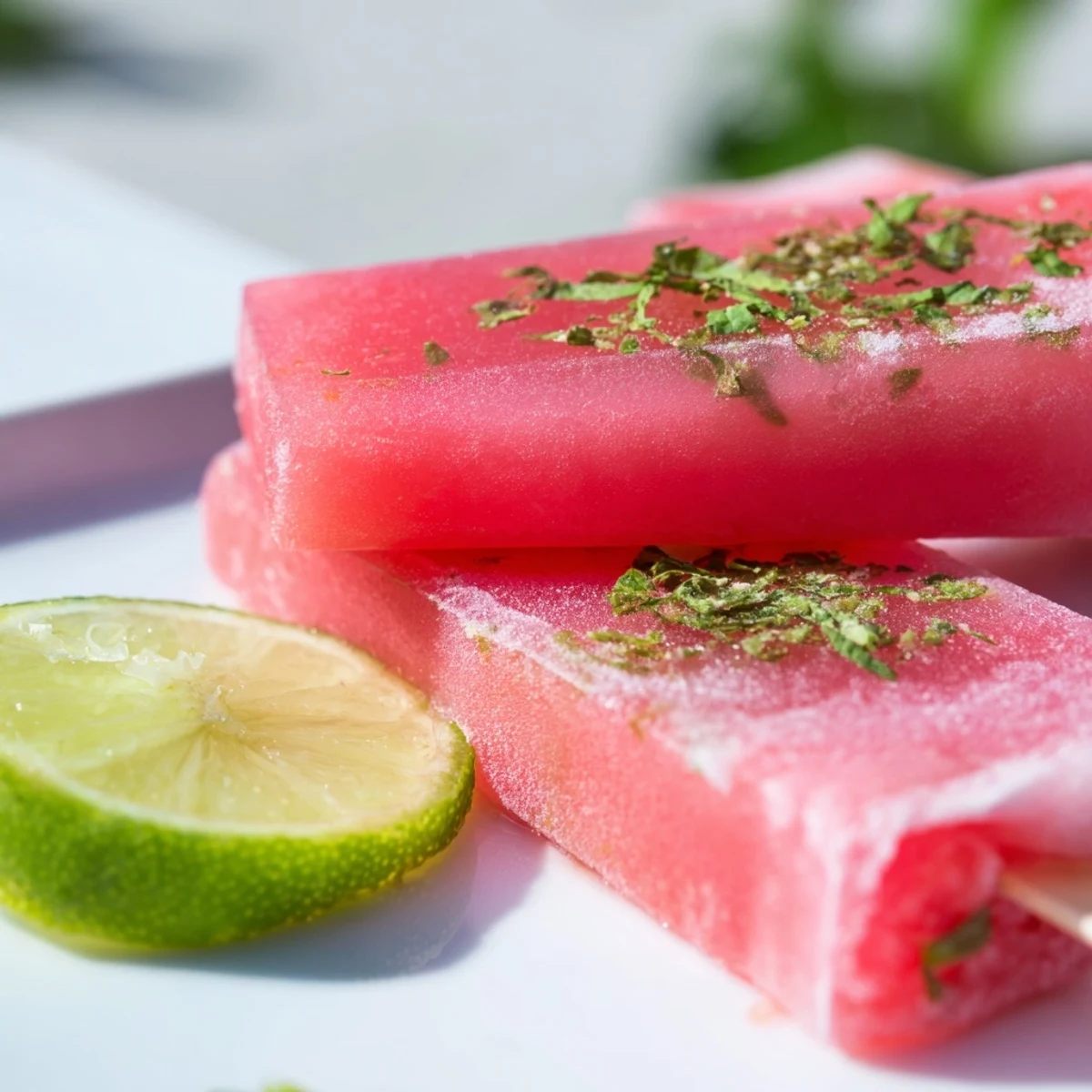 Vibrant pink frozen watermelon bars topped with green mint sprigs and zesty lime garnish