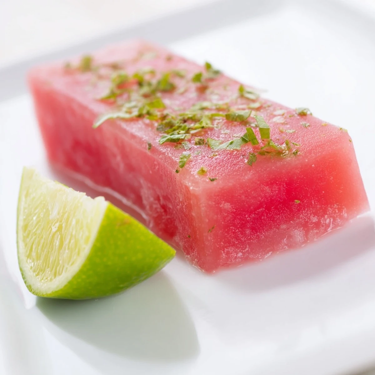 Frozen watermelon lime bars garnished with fresh mint and lime wedges on a white plate