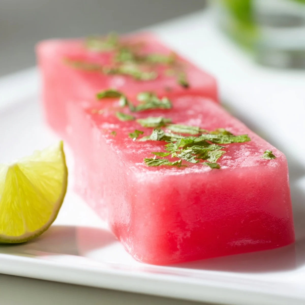 Cool refreshing watermelon lime dessert squares cut into rectangles with fresh mint sprinkled on top