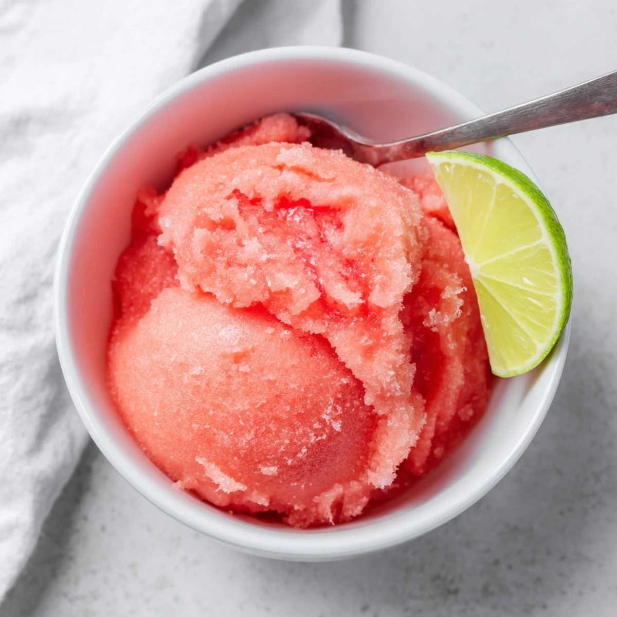 Pink watermelon sorbet scooped into a chilled bowl with fresh lime zest sprinkled on top