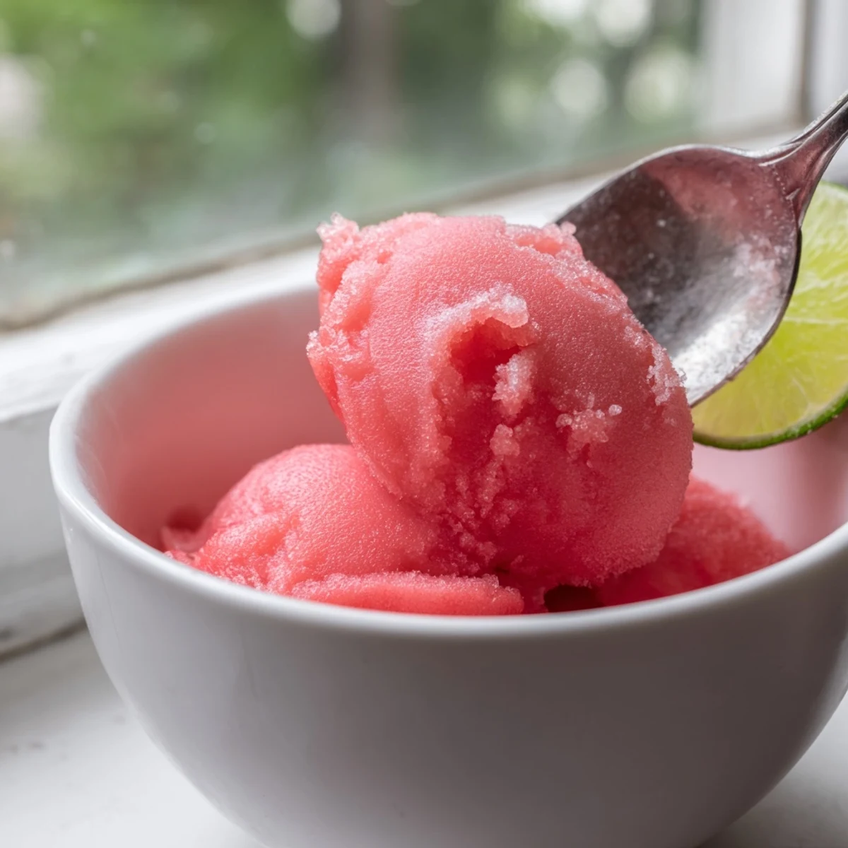 Refreshing homemade watermelon sorbet served in a frosty glass dish garnished with mint sprigs