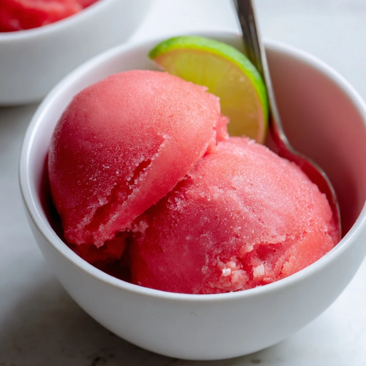 Creamy frozen watermelon sorbet with vibrant pink color scooped into a white dessert bowl