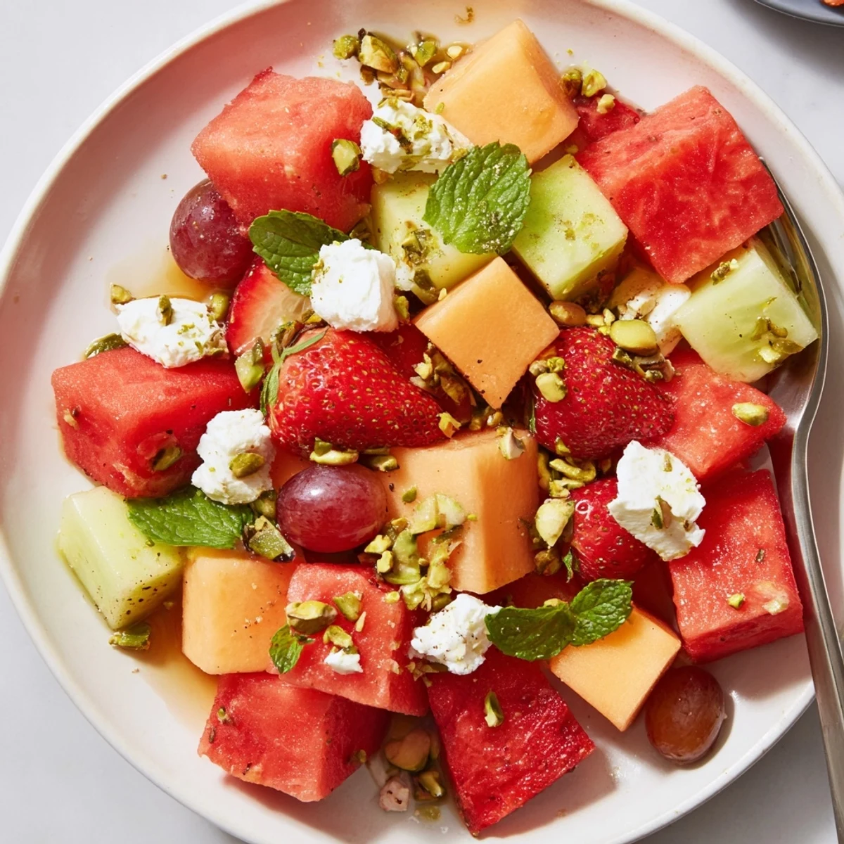 Juicy summer bliss salad bowl overflowing with watermelon, strawberries, feta, and fresh mint
