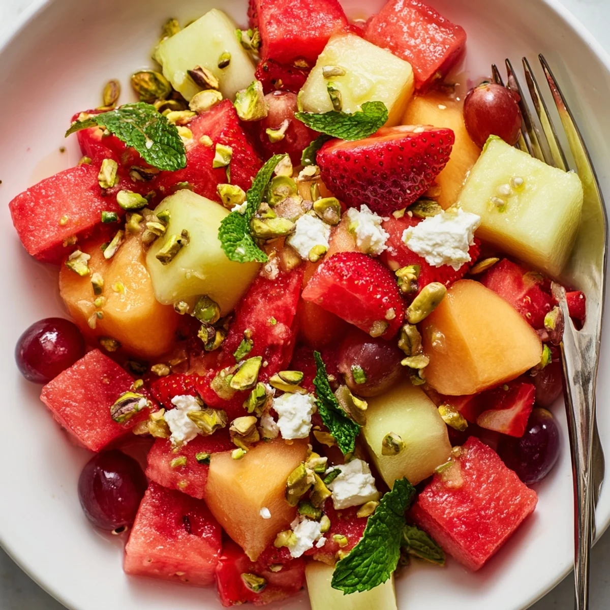 Refreshing summer bliss salad featuring cubed melon, grapes, and tangy feta cheese topping