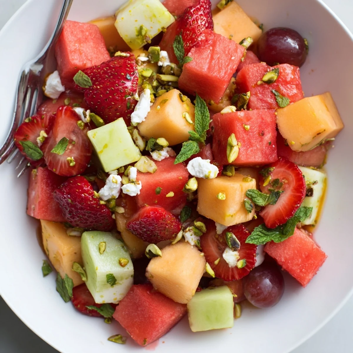 Colorful summer bliss salad drizzled with honey lime dressing and crunchy toasted pistachios