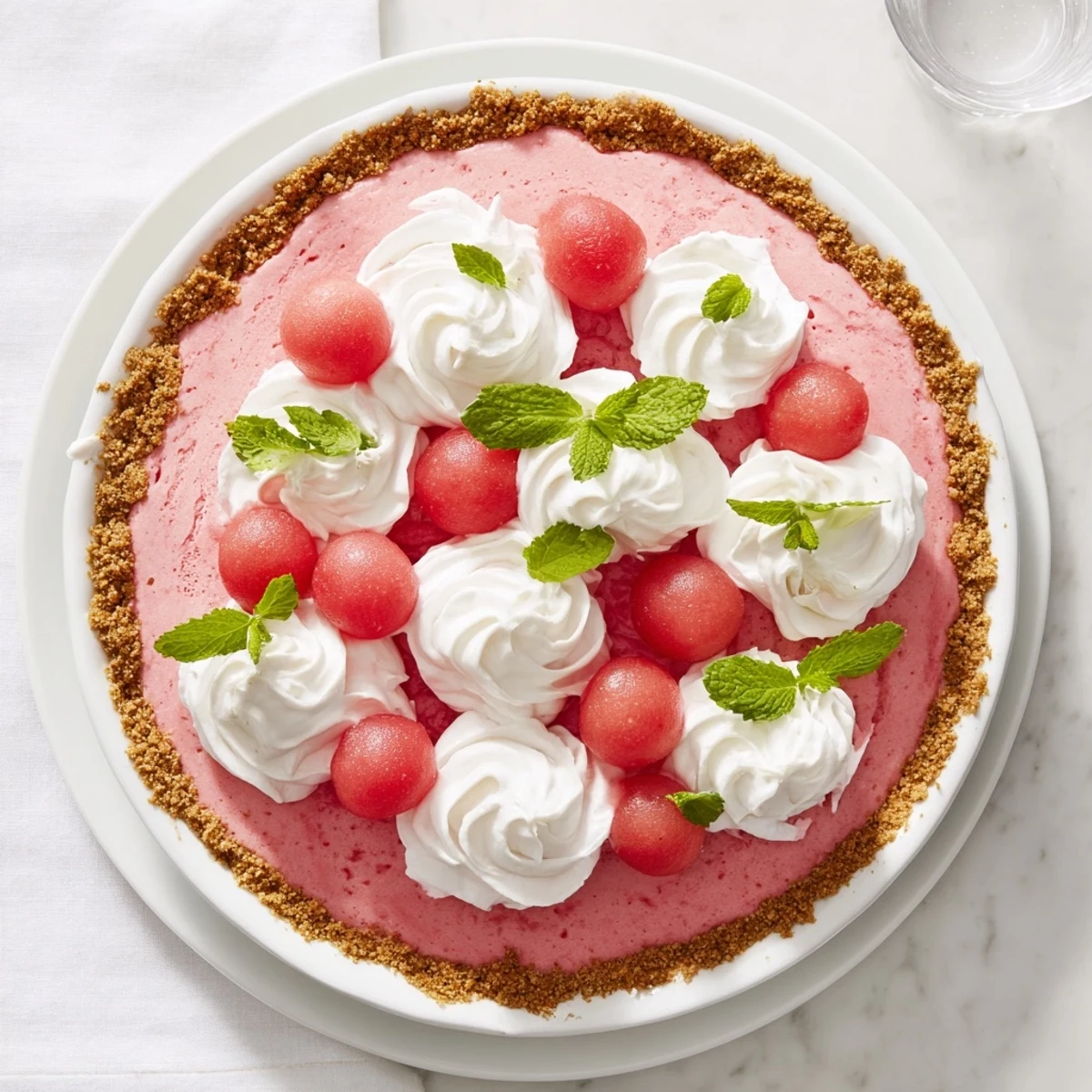 Refreshing watermelon pie featuring a graham cracker crust with fluffy pink whipped cream filling