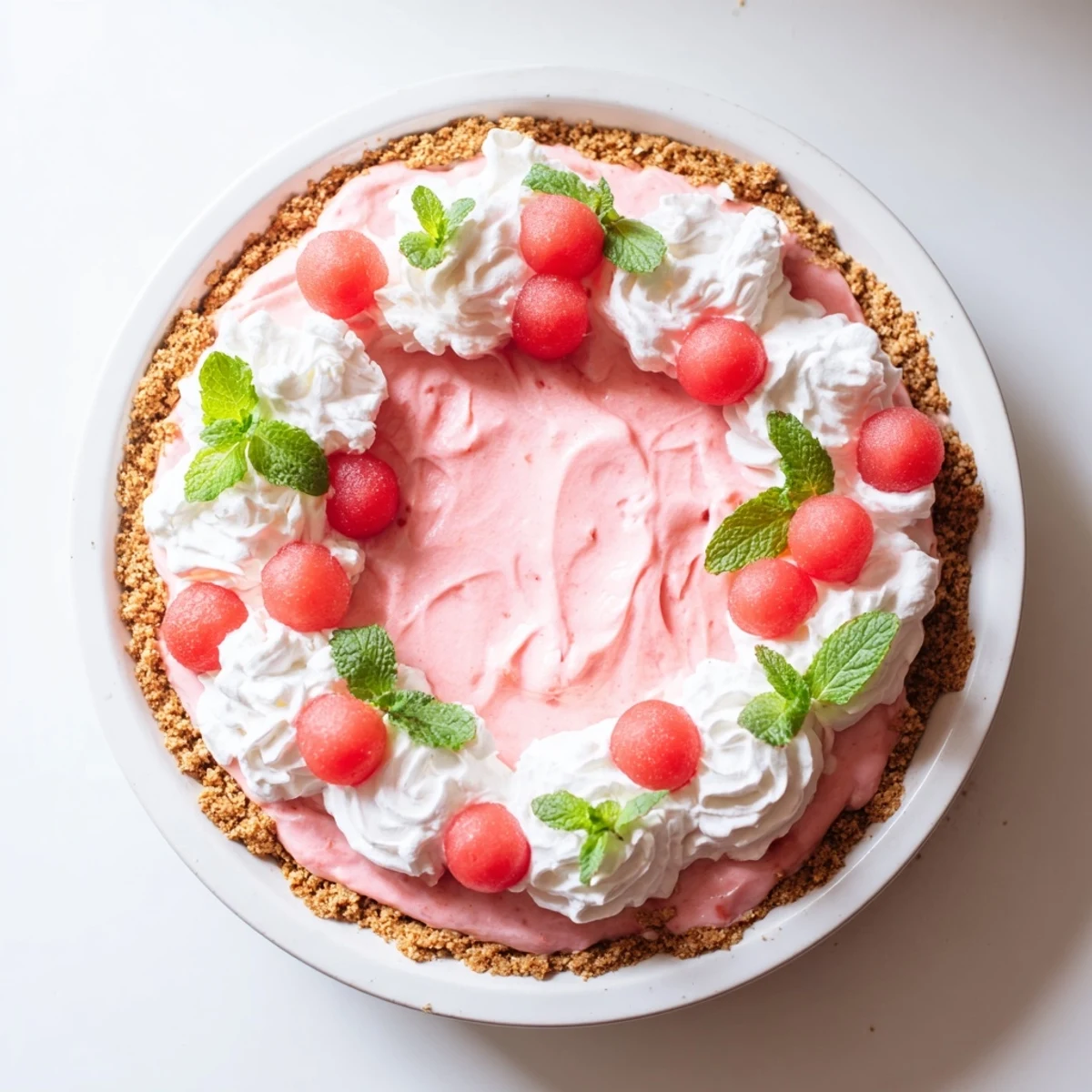 Chilled watermelon pie slice topped with fresh watermelon balls and green mint leaves