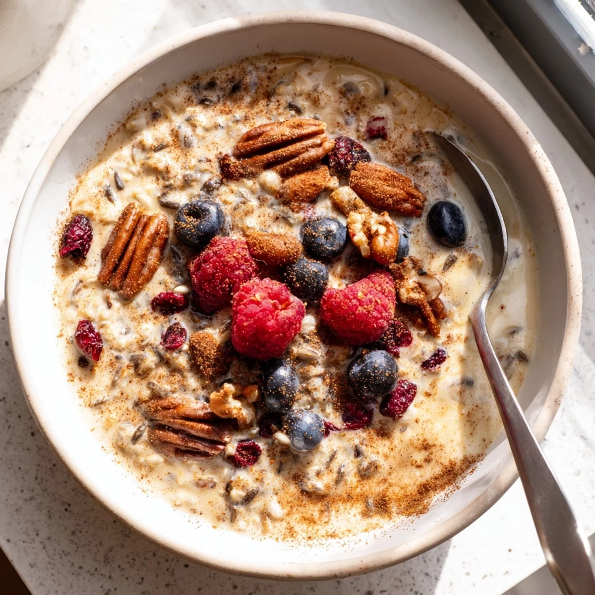 Creamy wild rice porridge sprinkled with cinnamon, pecans, and fresh berries in a rustic bowl
