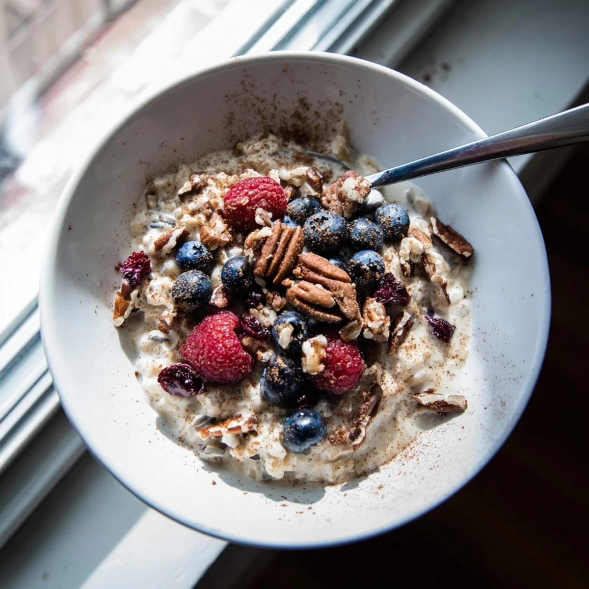 Steamy wild rice breakfast porridge topped with chopped walnuts and dried cranberries on a wooden table