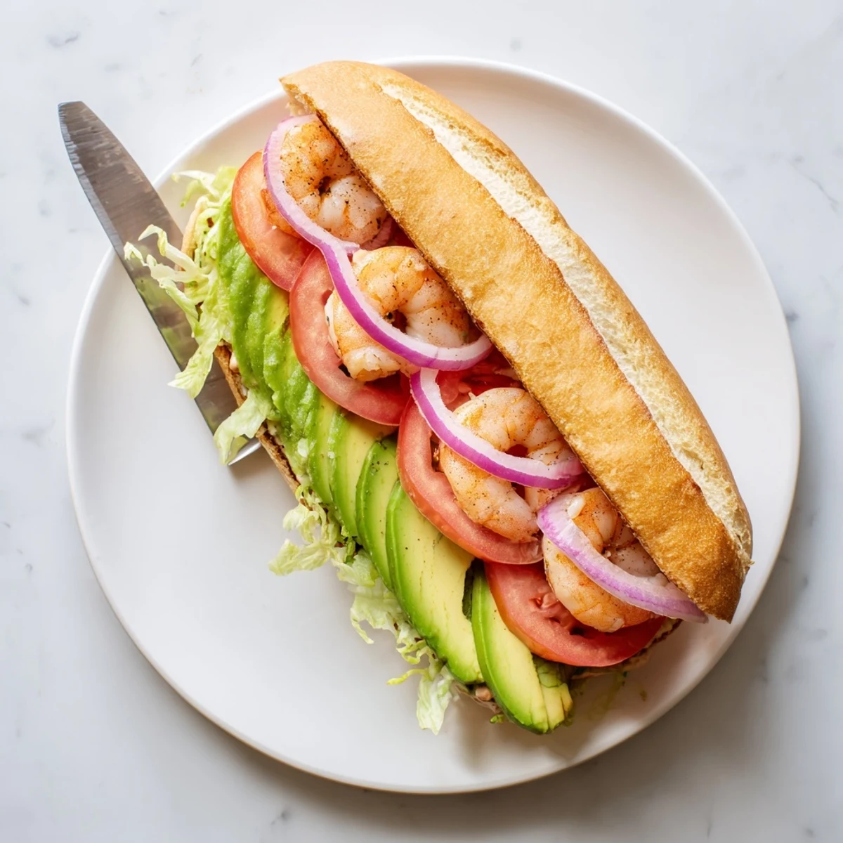 Golden sautéed shrimp sandwich stacked with fresh lettuce, tomato, and avocado on toasted brioche roll