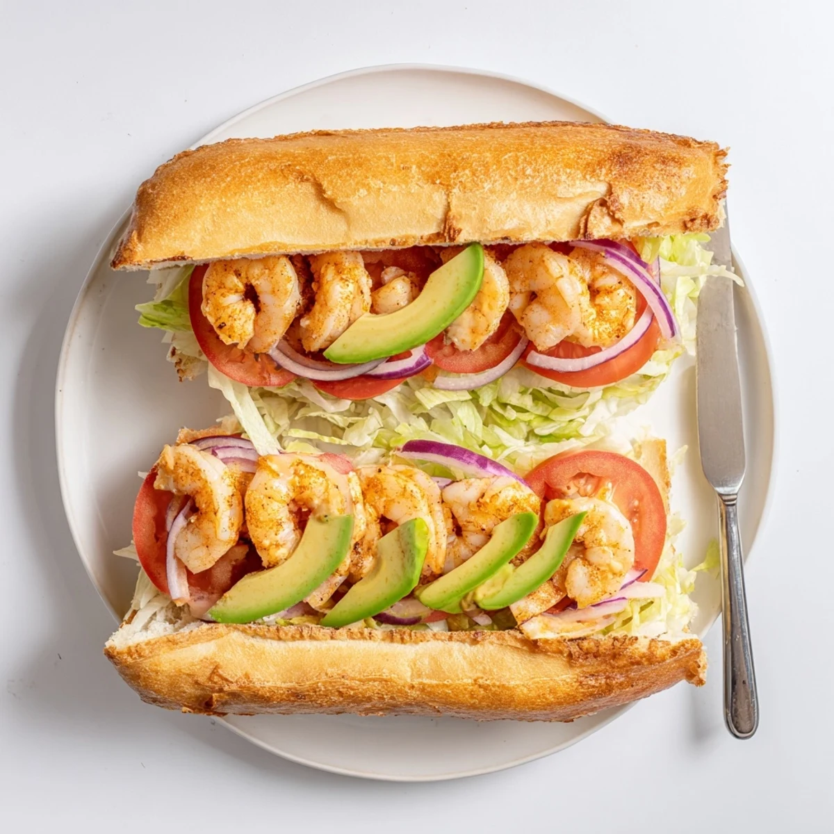 Hearty shrimp sandwich recipe featuring spicy paprika-seasoned seafood layered with crisp vegetables and creamy Dijon dressing