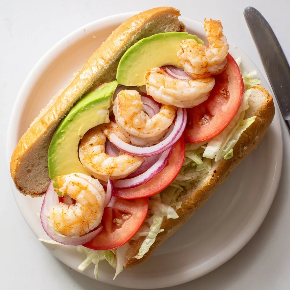Toasted ciabatta shrimp sandwich piled high with juicy tomatoes, red onion, and buttery avocado slices