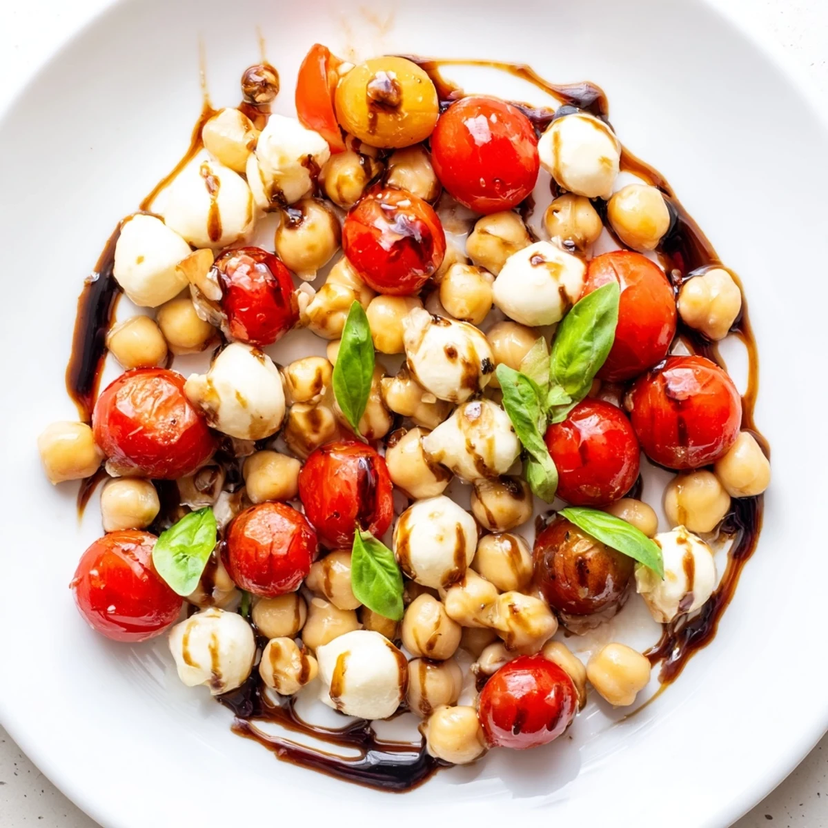 High protein Caprese chickpea salad bowl with cherry tomatoes, mozzarella balls, and fresh basil leaves drizzled with balsamic glaze