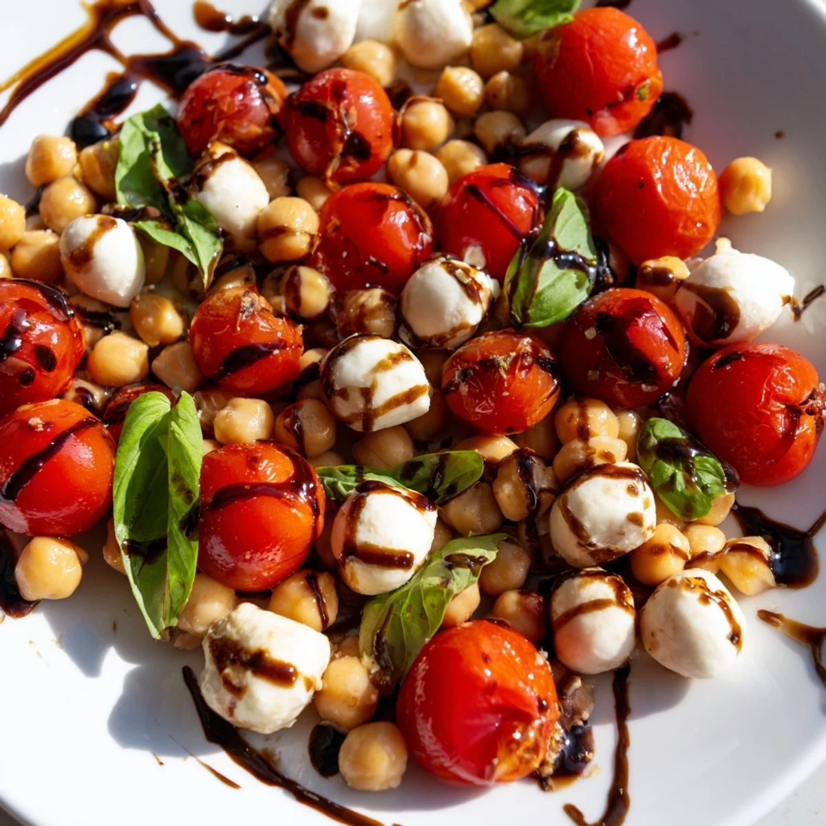 Vibrant Caprese chickpea salad with fresh mozzarella pearls, halved cherry tomatoes, and torn basil topped with balsamic reduction