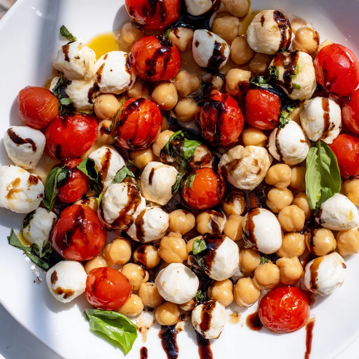 Protein-packed Caprese chickpea salad featuring creamy mozzarella, juicy tomatoes, and basil on a white serving plate