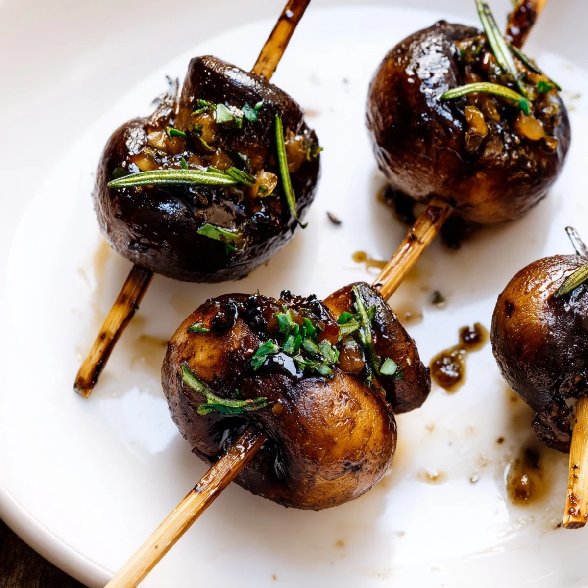 Balsamic Garlic Grilled Mushroom Skewers glistening with glaze, smoke-kissed, served on platter.